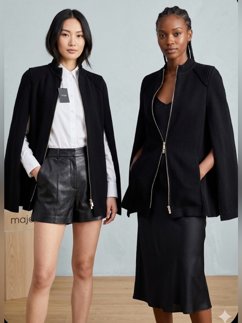 Maje Milord Black Wool Blend 2-Way Zip Front Sweater Cape Jacket SZ 1 (S) NWT
